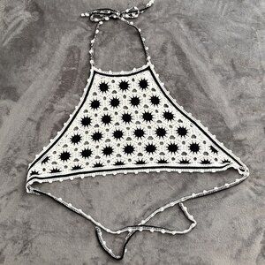 Women's Crochet Halter Top Black White Adjustable Ties Boho Festival Bohemian